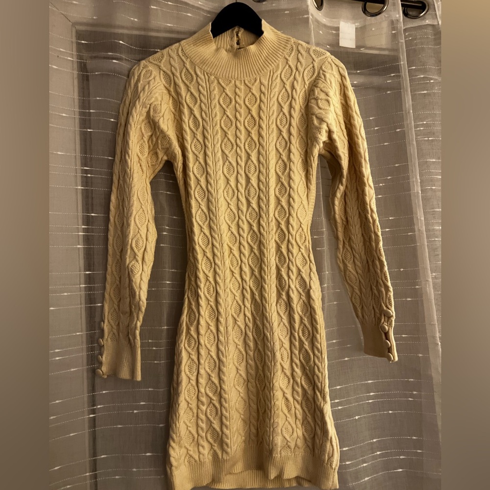 Fashion Nova Cream Long Sleeve Knit Dress